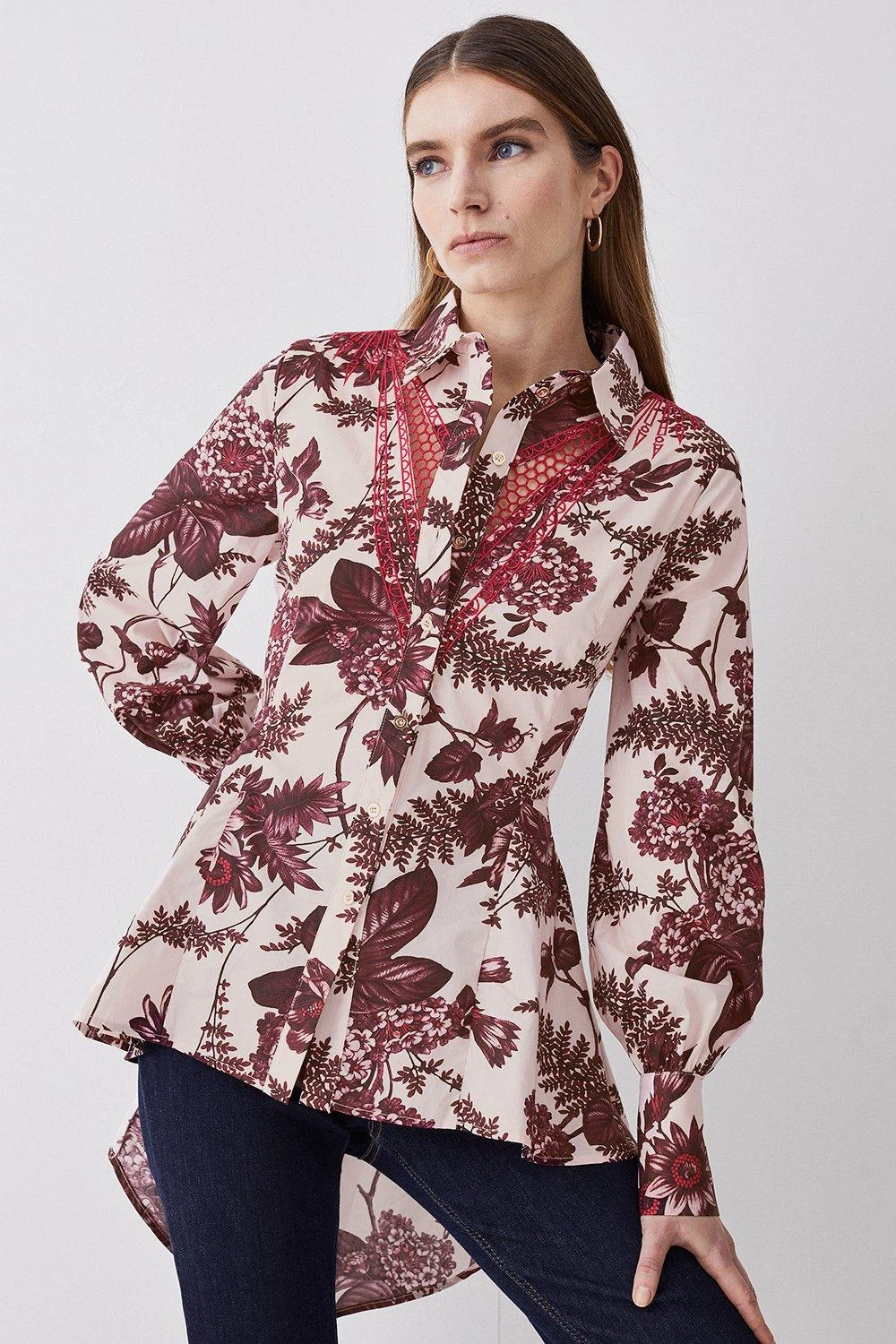 Karen Millen Floral Cotton Cutwork And Print Woven Shirt 3 Karen Millen Floral Cotton Cutwork And Print Woven Shirt