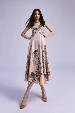 Karen Millen Hydrangea Bloom Print Metallic Jacquard Maxi Prom Dress -Karen Millen shop floral hydrangea bloom print metallic jacquard maxi prom dress 1
