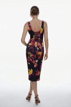 Karen Millen Italian Structured Satin Hydrangea Corset Pencil Midi Dress -Karen Millen shop floral italian structured satin hydrangea corset pencil midi dress 2