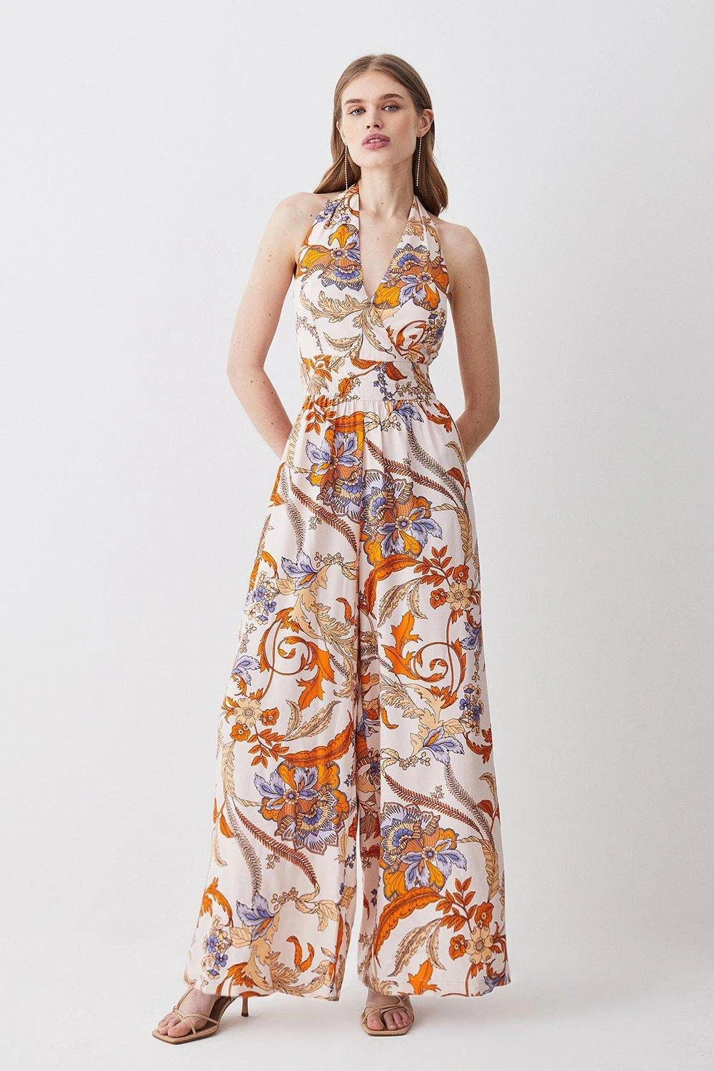 Karen Millen Petite Batik Halter Neck Wide Leg Jumpsuit 6 Karen Millen Petite Batik Halter Neck Wide Leg Jumpsuit - Image 4