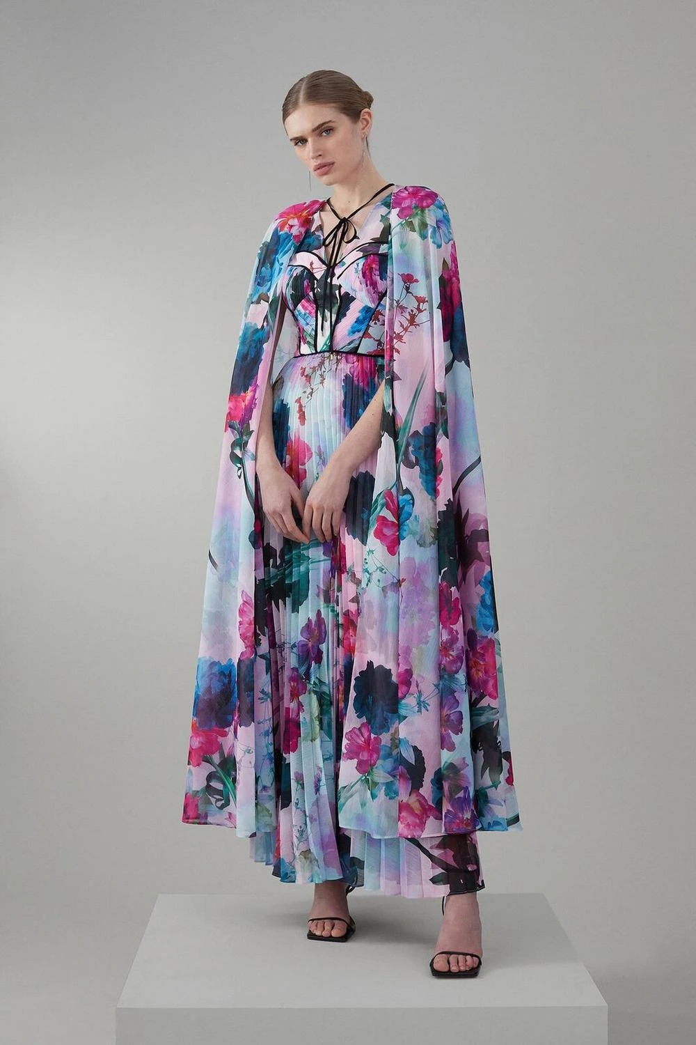 Karen Millen Floral Pleated Corset Woven Maxi Dress With Detachable Cape 3 Karen Millen Floral Pleated Corset Woven Maxi Dress With Detachable Cape - Image 2