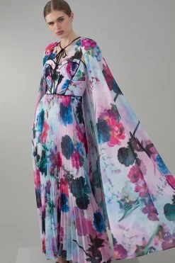 Karen Millen Floral Pleated Corset Woven Maxi Dress With Detachable Cape