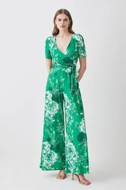 Karen Millen Floral Print Wide Leg Waist Tie Jersey Jumpsuit -Karen Millen shop floral print wide leg waist tie jersey jumpsuit 3