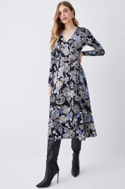 Karen Millen Self Belted Wrap Long Sleeve Viscose Blend Jersey Midaxi Dress -Karen Millen shop floral self belted wrap long sleeve viscose blend jersey midaxi dress 2