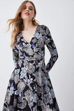 Karen Millen Self Belted Wrap Long Sleeve Viscose Blend Jersey Midaxi Dress -Karen Millen shop floral self belted wrap long sleeve viscose blend jersey midaxi dress 3