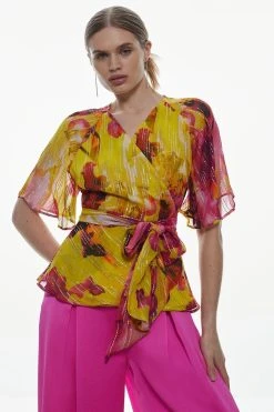 Karen Millen Floral Sparkle Iridescent Wrap Front Woven Blouse -Karen Millen shop floral sparkle iridescent wrap front woven blouse 2