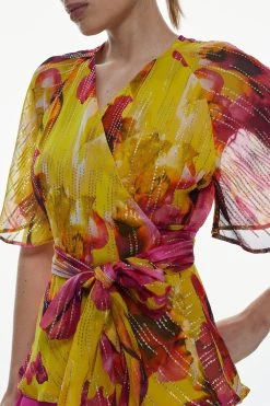 Karen Millen Floral Sparkle Iridescent Wrap Front Woven Blouse -Karen Millen shop floral sparkle iridescent wrap front woven blouse 4