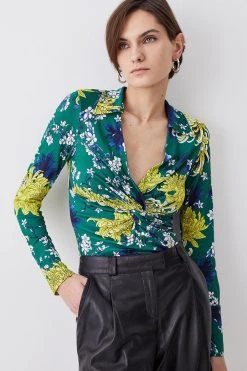 Karen Millen Floral Twist Knot Long Sleeve Jersey Top -Karen Millen shop floral twist knot long sleeve jersey top 1 1