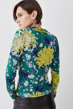 Karen Millen Floral Twist Knot Long Sleeve Jersey Top -Karen Millen shop floral twist knot long sleeve jersey top 1 3