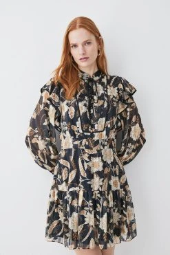 Karen Millen Floral Woven Lace Up Mini Dress -Karen Millen shop floral woven lace up mini dress 2