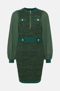 Karen Millen Chiffon Sleeve Tweed Knit Mini Dress