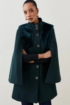 Karen Millen Italian Wool Shearling Mix Belted Cape -Karen Millen shop forest italian wool shearling mix belted cape 3