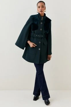 Karen Millen Italian Wool Shearling Mix Belted Cape -Karen Millen shop forest italian wool shearling mix belted cape 5