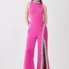 Karen Millen Crystal Embellished Woven Thigh Split Jumpsuit -Karen Millen shop fuchsia crystal embellished woven thigh split jumpsuit