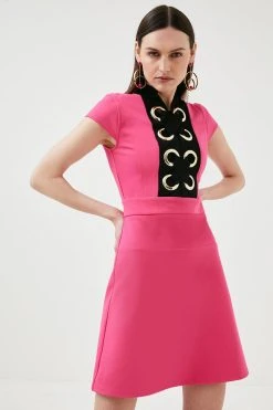 Karen Millen Eyelet Trim Detail Jersey Mini Dress -Karen Millen shop fuchsia eyelet trim detail jersey mini dress 1