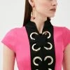 Karen Millen Eyelet Trim Detail Jersey Mini Dress -Karen Millen shop fuchsia eyelet trim detail jersey mini dress