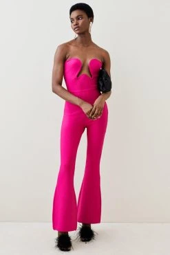 Karen Millen Knitted Bandage Corset Detail Jumpsuit -Karen Millen shop fuchsia knitted bandage corset detail jumpsuit 3