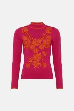 Karen Millen Lace Embroidery Knit Top -Karen Millen shop fuchsia lace embroidery knit top 1 3