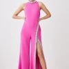 Karen Millen Petite Crystal Embellished Woven Thigh Split Jumpsuit -Karen Millen shop fuchsia petite crystal embellished woven thigh split jumpsuit