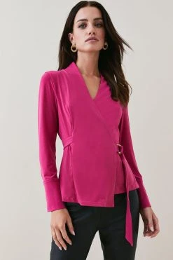Karen Millen Petite Slinky Buckle Detail Wrap Jersey Top -Karen Millen shop fuchsia petite slinky buckle detail wrap jersey top 1