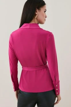 Karen Millen Petite Slinky Buckle Detail Wrap Jersey Top -Karen Millen shop fuchsia petite slinky buckle detail wrap jersey top 3