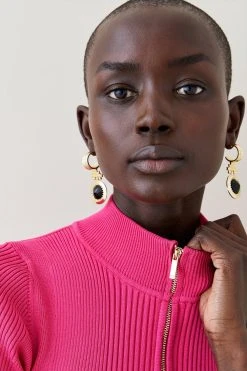 Karen Millen Rib Zip High Neck Knit Top -Karen Millen shop fuchsia rib zip high neck knit top 1
