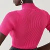 Karen Millen Rib Zip High Neck Knit Top -Karen Millen shop fuchsia rib zip high neck knit top