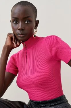 Karen Millen Rib Zip High Neck Knit Top -Karen Millen shop fuchsia rib zip high neck knit top 2