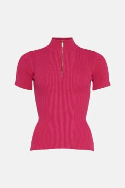 Karen Millen Rib Zip High Neck Knit Top -Karen Millen shop fuchsia rib zip high neck knit top 3