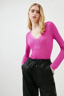 Karen Millen Slinky Rib Collared Zip Neck Jumper