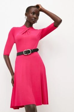 Karen Millen Twist Neck Half Sleeve Belted Jersey Mini Dress -Karen Millen shop fuchsia twist neck half sleeve belted jersey mini dress 1