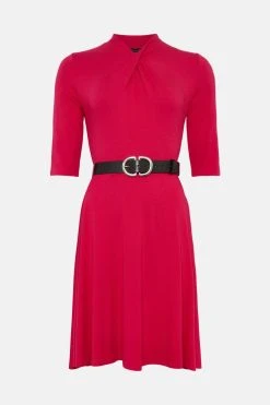 Karen Millen Twist Neck Half Sleeve Belted Jersey Mini Dress -Karen Millen shop fuchsia twist neck half sleeve belted jersey mini dress 2