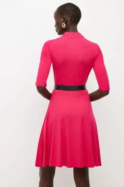 Karen Millen Twist Neck Half Sleeve Belted Jersey Mini Dress -Karen Millen shop fuchsia twist neck half sleeve belted jersey mini dress 3