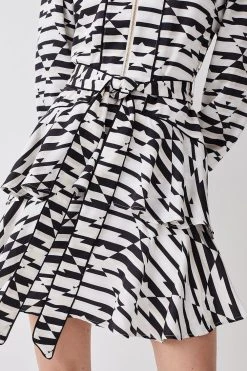 Karen Millen Geo Print Satin Piped Tiered Belted Mini Dress -Karen Millen shop geo print satin piped tiered belted mini dress 2