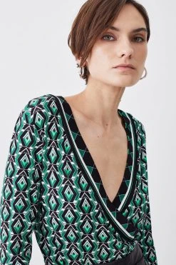 Karen Millen Printed Wrap Front Long Sleeve Viscose Blend Jersey Top 8 Karen Millen Printed Wrap Front Long Sleeve Viscose Blend Jersey Top -Karen Millen shop geo printed wrap front long sleeve viscose blend jersey top 1