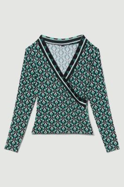 Karen Millen Printed Wrap Front Long Sleeve Viscose Blend Jersey Top 9 Karen Millen Printed Wrap Front Long Sleeve Viscose Blend Jersey Top -Karen Millen shop geo printed wrap front long sleeve viscose blend jersey top 2