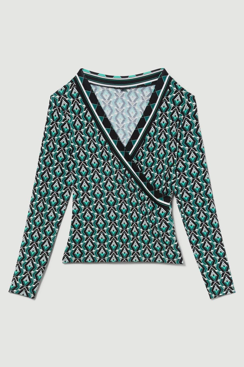 Karen Millen Printed Wrap Front Long Sleeve Viscose Blend Jersey Top 5 Karen Millen Printed Wrap Front Long Sleeve Viscose Blend Jersey Top - Image 3