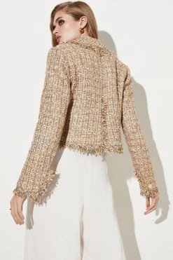 Karen Millen Gold Boucle Cropped Frayed Edge Jacket