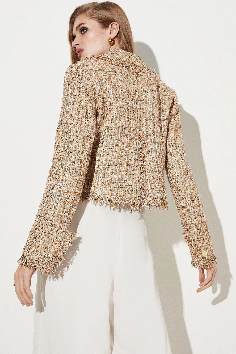 Karen Millen Gold Boucle Cropped Frayed Edge Jacket 3 Karen Millen Gold Boucle Cropped Frayed Edge Jacket