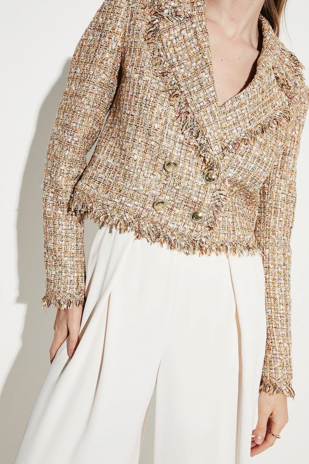 Karen Millen Gold Boucle Cropped Frayed Edge Jacket 4 Karen Millen Gold Boucle Cropped Frayed Edge Jacket - Image 2
