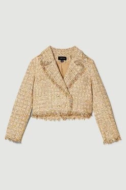 Karen Millen Gold Boucle Cropped Frayed Edge Jacket 8 Karen Millen Gold Boucle Cropped Frayed Edge Jacket -Karen Millen shop gold boucle cropped frayed edge jacket 1 2