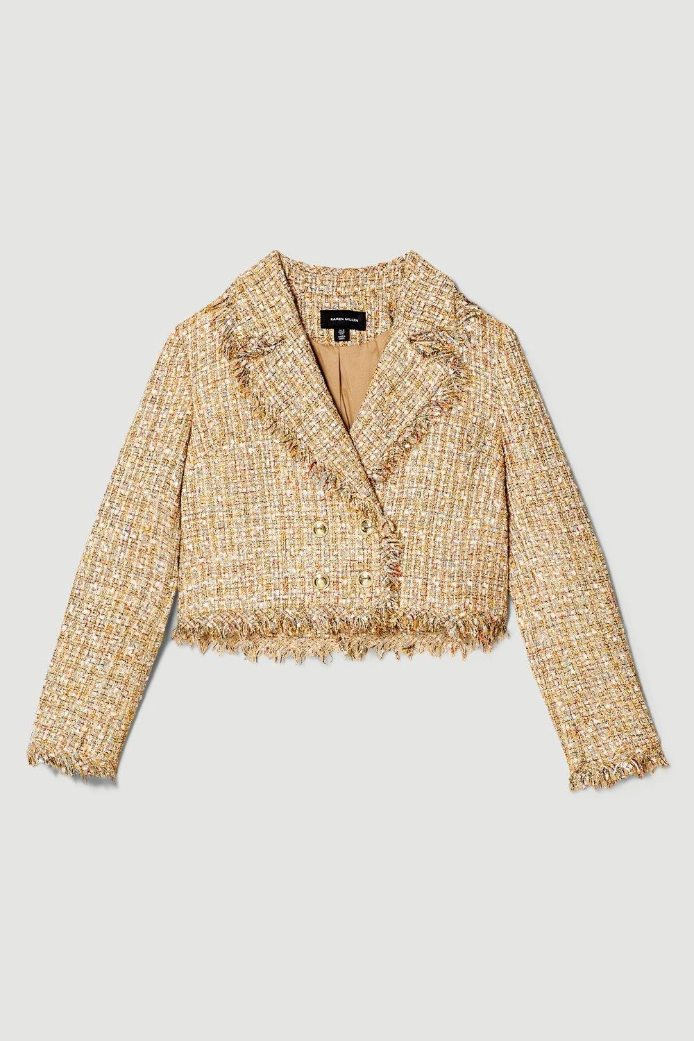 Karen Millen Gold Boucle Cropped Frayed Edge Jacket 5 Karen Millen Gold Boucle Cropped Frayed Edge Jacket - Image 3