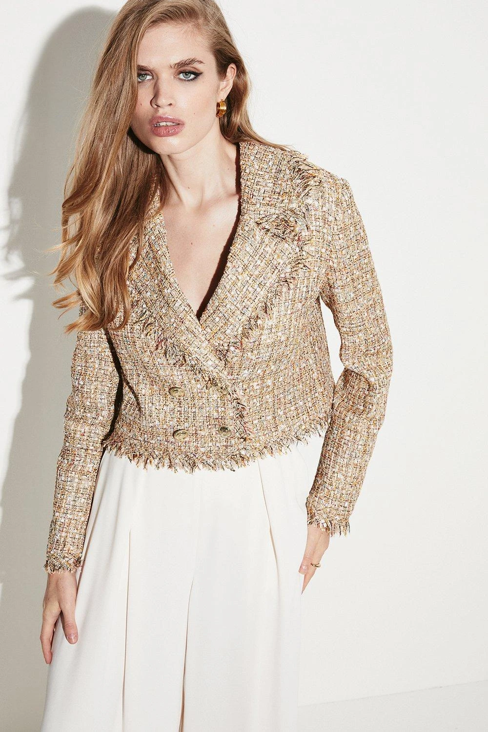Karen Millen Gold Boucle Cropped Frayed Edge Jacket 6 Karen Millen Gold Boucle Cropped Frayed Edge Jacket - Image 4