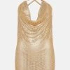 Karen Millen Diamante Chain Mail Cowl Side Split Mini Dress -Karen Millen shop gold diamante chain mail cowl side split mini dress