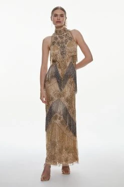 Karen Millen Embellished Fringed Halter Maxi Dress -Karen Millen shop gold embellished fringed halter maxi dress 2