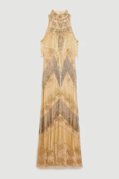 Karen Millen Embellished Fringed Halter Maxi Dress