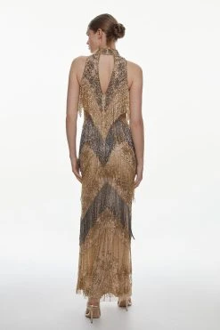 Karen Millen Embellished Fringed Halter Maxi Dress -Karen Millen shop gold embellished fringed halter maxi dress 3