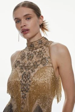 Karen Millen Embellished Fringed Halter Maxi Dress -Karen Millen shop gold embellished fringed halter maxi dress 4