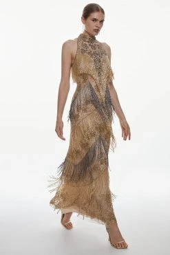 Karen Millen Embellished Fringed Halter Maxi Dress -Karen Millen shop gold embellished fringed halter maxi dress 5