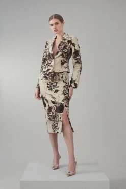 Karen Millen Italian Rose Stretch Jacquard Pencil Skirt -Karen Millen shop gold italian rose stretch jacquard pencil skirt 2